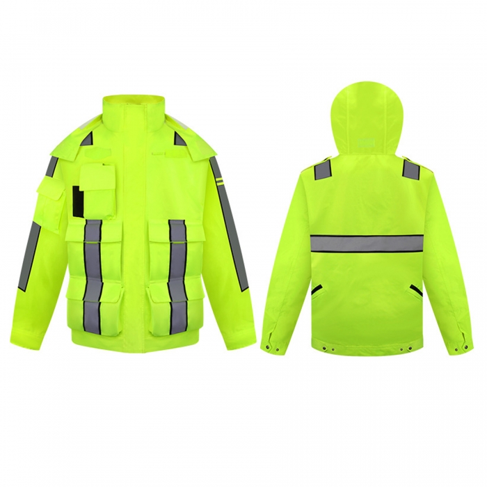 Safety Reflective Raincoat W/  Multiple Pockets