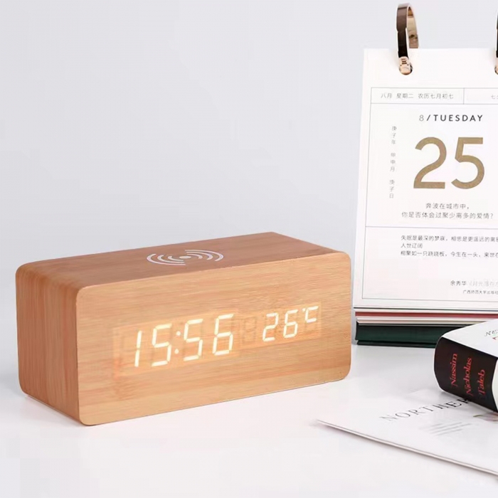 Digital Wooden Alarm Clock W/Wireless Charger