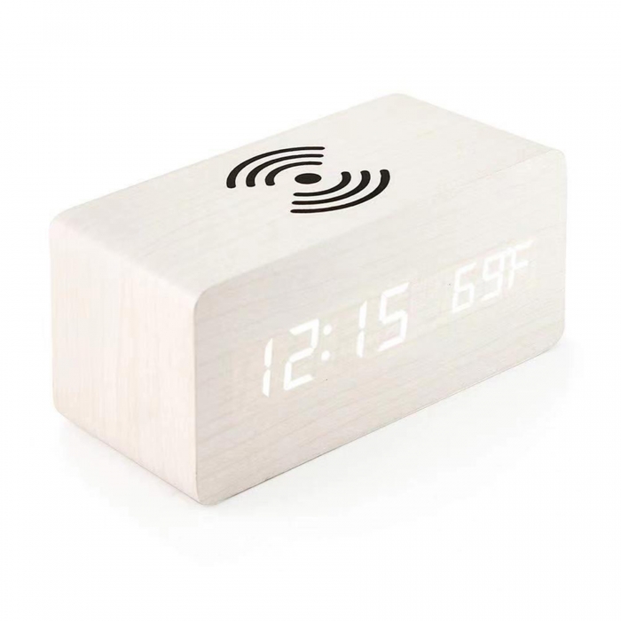 Digital Wooden Alarm Clock W/Wireless Charger