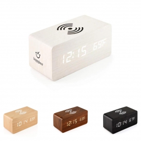 Digital Wooden Alarm Clock W/Wireless Charger