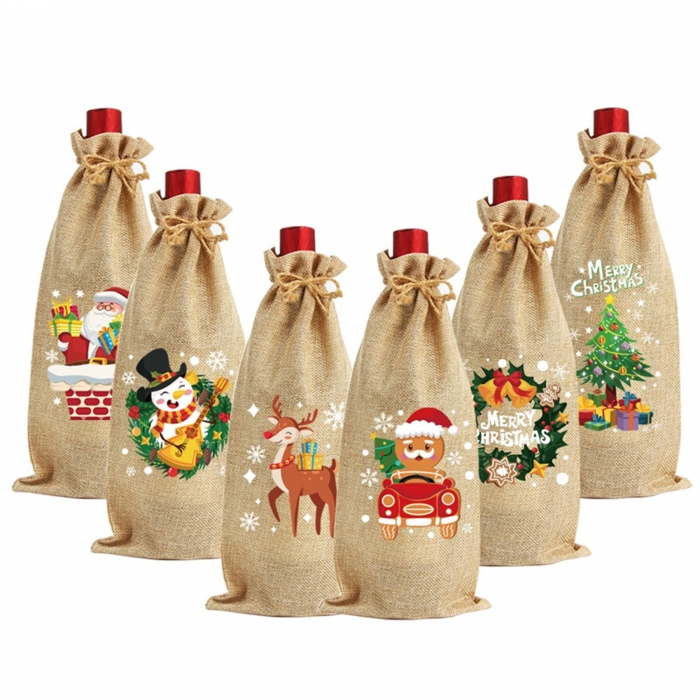 Christmas Burlap Wine Bags with Drawstring