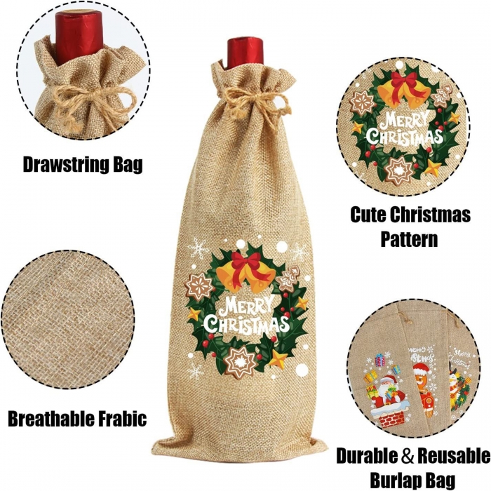 Christmas Burlap Wine Bags with Drawstring