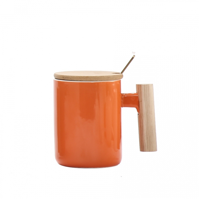 14 Oz  Wooden Handle Coffee Ceramic Mug