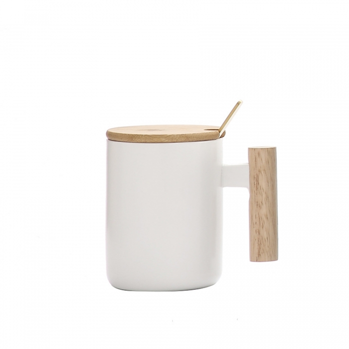 14 Oz  Wooden Handle Coffee Ceramic Mug